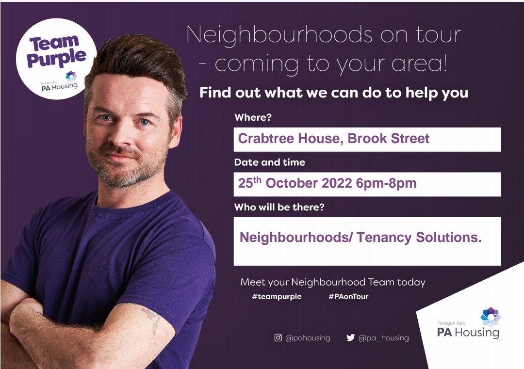 Please come see say hello 👋. We will be at Crabtree House Daventry Very Soon! #teampurple #nhood22 <a href="/SimonatPA/">Simon (He/Him) @ PA Housing</a> #PAonTour #GetInvolved