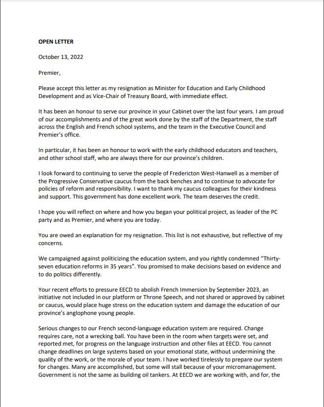 poitrasCBC's tweet image. MORE: Cardy's two-page resignation letter to Higgs is absolutely stunning, one of the most remarkable things I've read in New Brunswick politics. "Wrecking ball." "Consolidation of power in your own hands." "Data my ass."