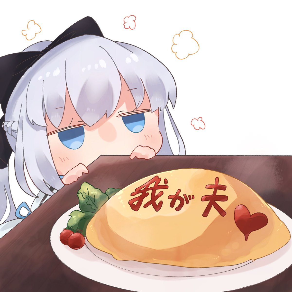 morgan le fay (fate) 1girl food omurice solo blue eyes bow omelet  illustration images