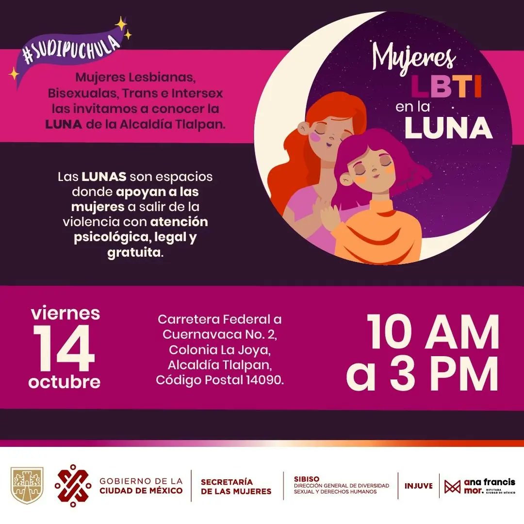 AnaDeAlejandro's tweet photo. En respuesta a los ataques hacia Mujeres LBTI, colectivas le pidieron a @SeMujeresCDMX dar atención especializada para las #Lenchitudes. Así, se crea como propuesta de @anafrancismor la actividad Mujeres LBTI en la Luna, que inicia mañana en la Alcaldía Tlalpan en Luna La Joya. https://t.co/b49WBuaN84