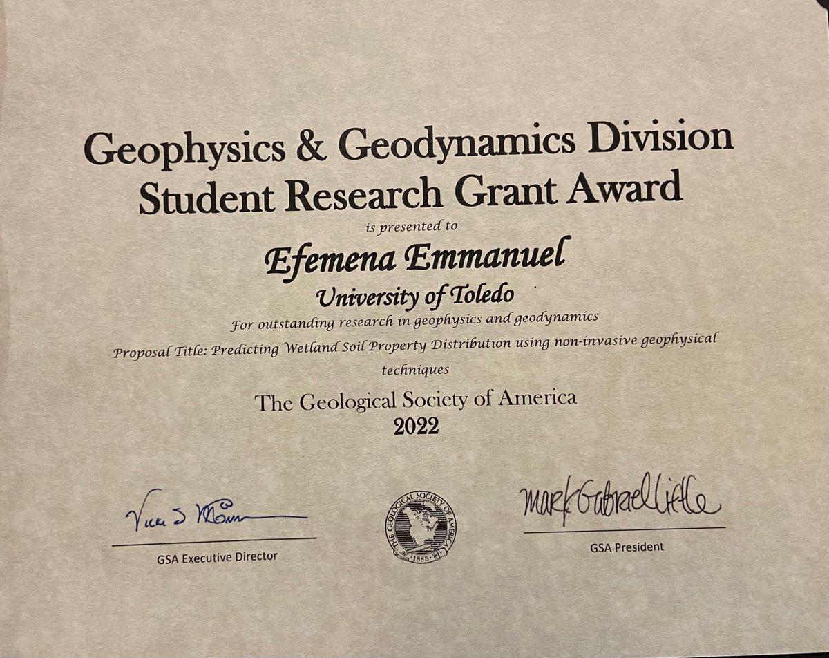 Congratulations to my graduate student <a href="/EfemenaEmmanue1/">Efemena Emmanuel</a> <a href="/UToledo_NSM/">UToledo NSM</a> Department of Environmental Sciences for receiving a Student Research Grant Award at #GSA2022.