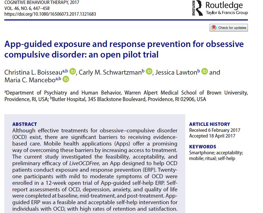 Exposure and Response Prevention (ERP) is a first-line treatment for OCD, however many are unable to receive this treatment. App-based interventions are a promising way to address this gap. #OCDAwarenessWeek