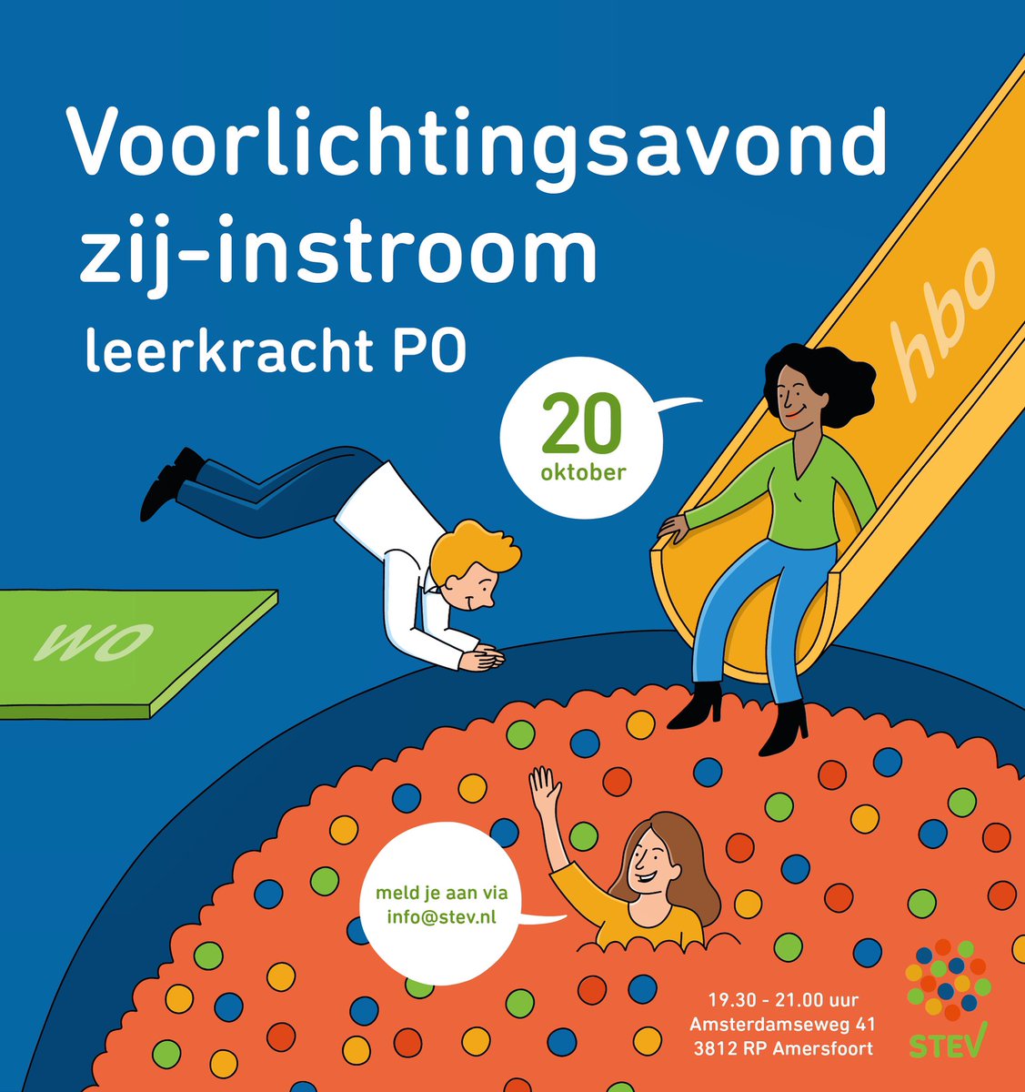Als leerkracht werken in t PO?een afgeronde HBO/WO opleiding?Via t zij-instroomtraject v STEV krijg j de kans om eerst werkervaring op te doen bij 1 v. onze scholen,sta j vanaf sept’23 al voor de klas!voorlichtingsavond:20 okt om 19.30.Aanmelden via info@stev.nl <a href="/STEemVallei/">Stichting Eem-Vallei Educatief</a>