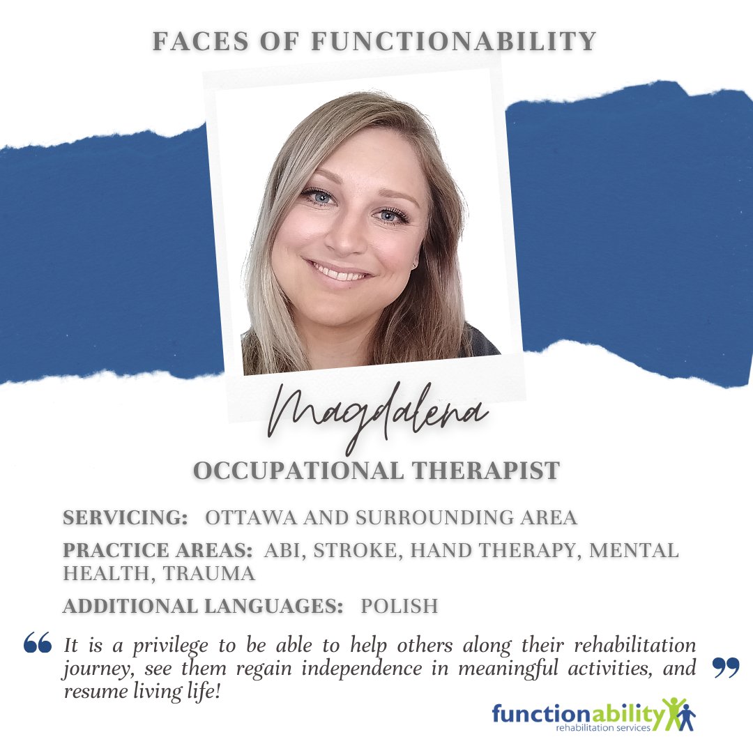 fa_rehab's tweet photo. Meet Magdalena! Magdalena is an Occupational Therapist in the Ottawa area whose areas of practice include ABI, Stroke, Hand Therapy, Chronic Pain, Mental Health, and Trauma. Additionally, Magdalena speaks Polish.
#FacesofFunctionAbility #OTMonth https://t.co/hVtxBz2eX3