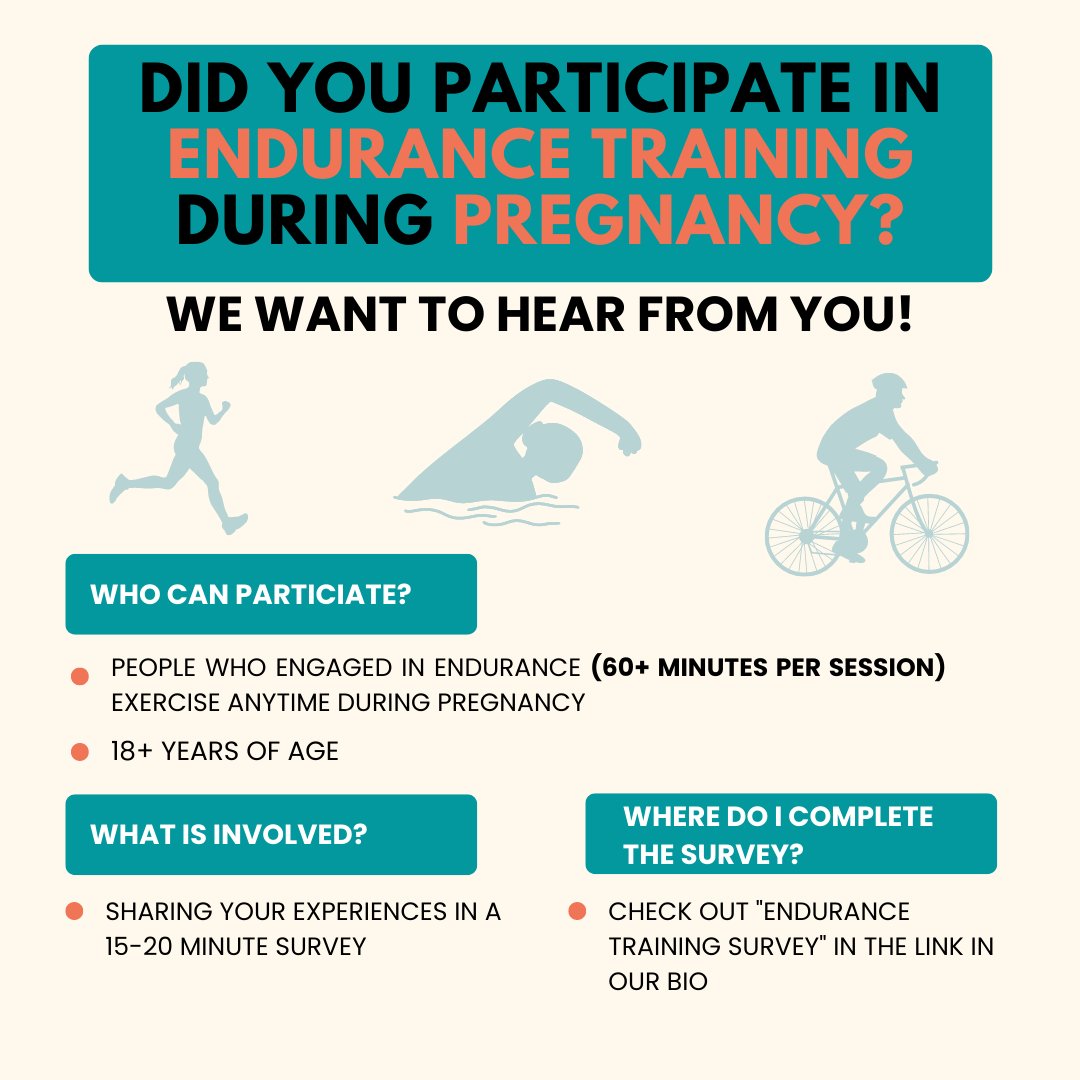 ❓Did you participate in endurance exercise (60+ min/session) during pregnancy❓

We need your help to understand the impact of long duration exercise during pregnancy on reproductive/mental health.
➡️redcap.ualberta.ca/surveys/?s=MHN…