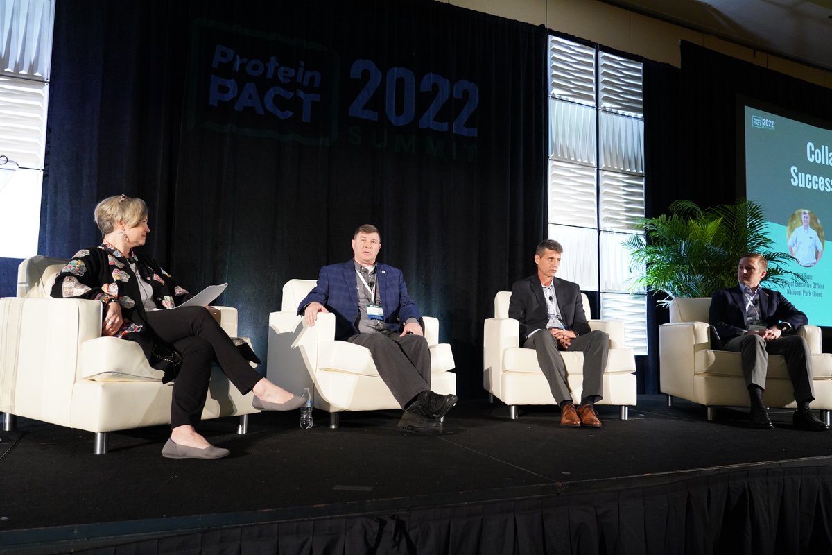 Panelists, Bill Even of @NationalPork, Bryan Humphreys of @NPPC, and Jose Simas of @Elanco uncover sustainability goals from across the protein industry in our session 'Collaboration Drives Success'