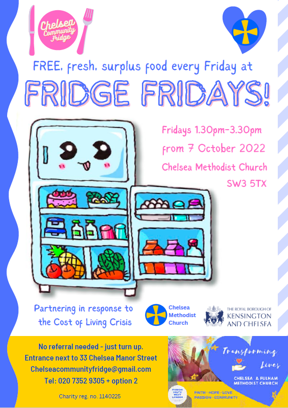 *FREE FOOD* 
Our new #CommunityFridge is BACK tomorrow, 1.30-3.30pm. We've had a BIG donation of fresh, surplus veg &amp; fruit, so tell those in need who can come fill up a bag tomorrow. 
Chelsea Methodist Church, side entrance next to 33 Chelsea Manor St.
#surplusfood #foodpoverty