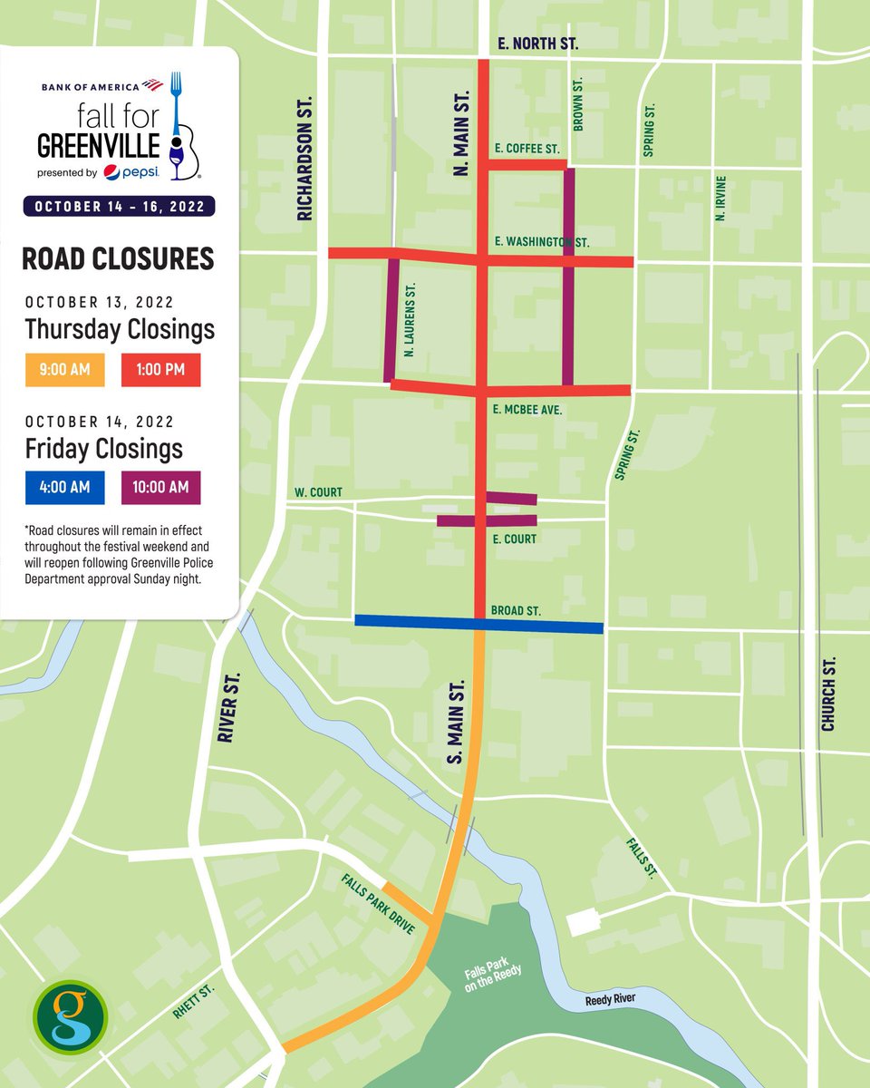 Reminder: roads are closing downtown for Fall for Greenville starting TODAY. Map from <a href="/CityGreenville/">City of Greenville</a>: