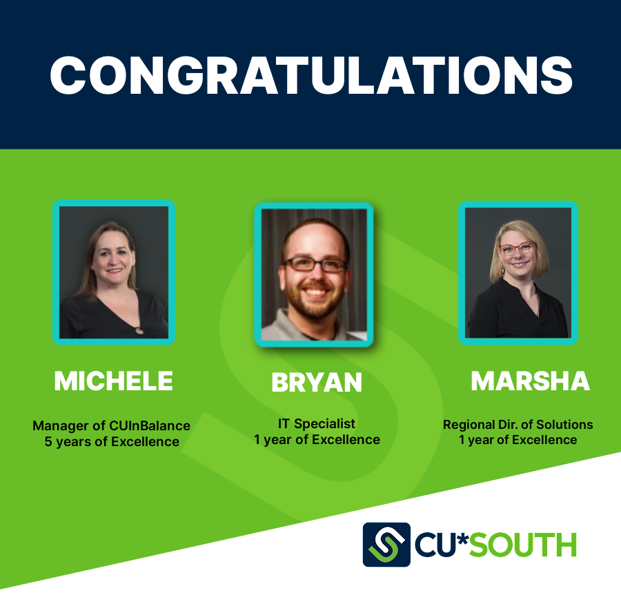 CUSOUTH's tweet photo. ✨ Happy #WorkAnniversary to Michele Gonzales, Bryan Cooper, and Marsha Sapino. #Congratulations, and THANK YOU for all that you do! It's an honor to have you as part of the CU*SOUTH family! #EmployeeSpotlight #TeamCUSOUTH https://t.co/prIg6BEdvg
