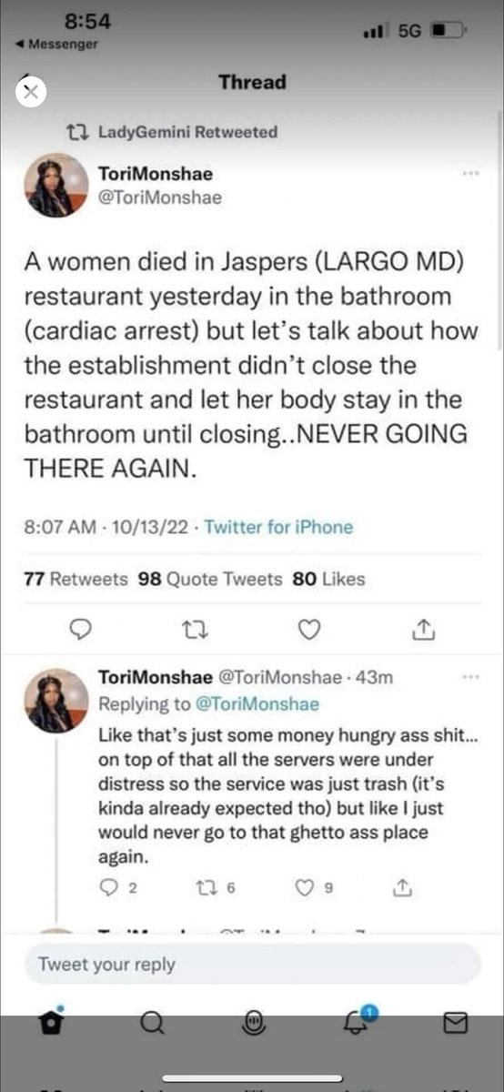 KMNONSCENE's tweet photo. A WOMAN DIES INSIDE OF A BATHROOM AT A POPULAR RESTAURANT NAMED (JASPERS) AND SOME PEOPLE ARE FURIOUS. https://t.co/A8mufywfGT