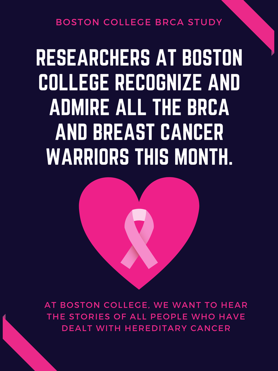 BRCAWomenBC's tweet photo. In honor of Breast Cancer Awareness month, researchers at Boston College want to recognize all breast cancer warriors, regardless of where you are in your journey. If you would like to share your story, please click the link below.
https://t.co/76TukOrZxc
https://t.co/FHZMesp85i https://t.co/2WRaFL92Fx