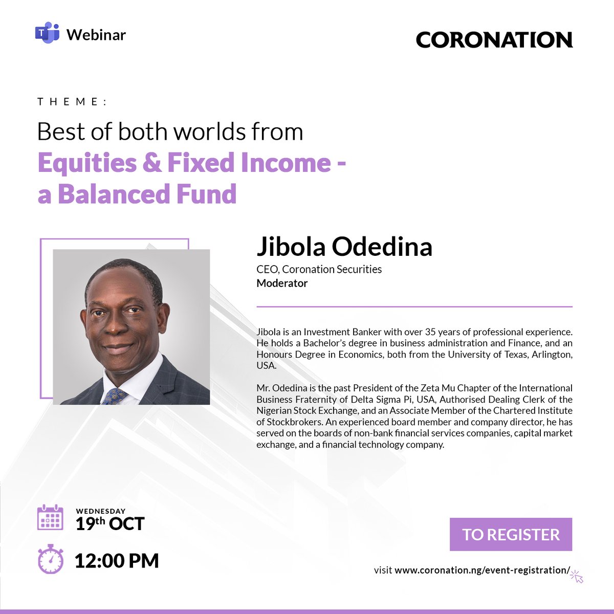 coronation_ng's tweet photo. #MeetTheModerator
Jibola is an Investment Banker with over 35 years of professional experience. He holds a Bachelor’s degree in business administration and Finance, and an Honours Degree in Economics, both from the University of Texas, Arlington, USA. https://t.co/r14OsWuGif