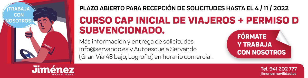 jimenezmov's tweet photo. 🚌 CURSO CAP INICIAL DE VIAJEROS + PERMISO D 
SUBVENCIONADO

📩 PLAZO ABIERTO PARA RECEPCIÓN DE SOLICITUDES HASTA EL 4/11/2022. 

ℹ️  Más información y entrega de solicitudes:
info@servando.es y Autoescuela Servando  
(Gran Vía 43, bajo. Logroño) en horario comercial. https://t.co/Er6llV29Q3