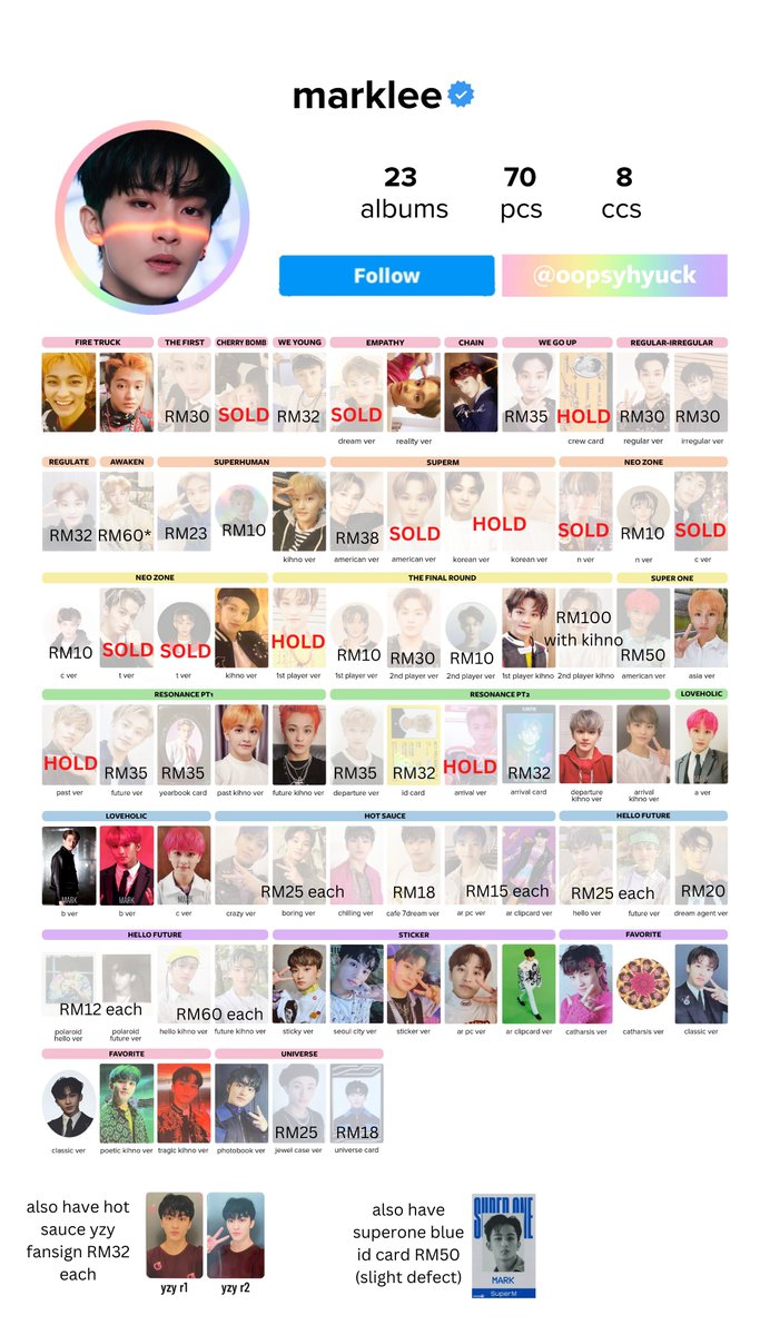 90siddy's tweet photo. HELP RT <3
WTS Mark pcs >< dropping my collection :(
excl postage (RM5, Shopee J&amp;T) + packing fee RM2!

#pasarNCT https://t.co/eUhy7PMagG