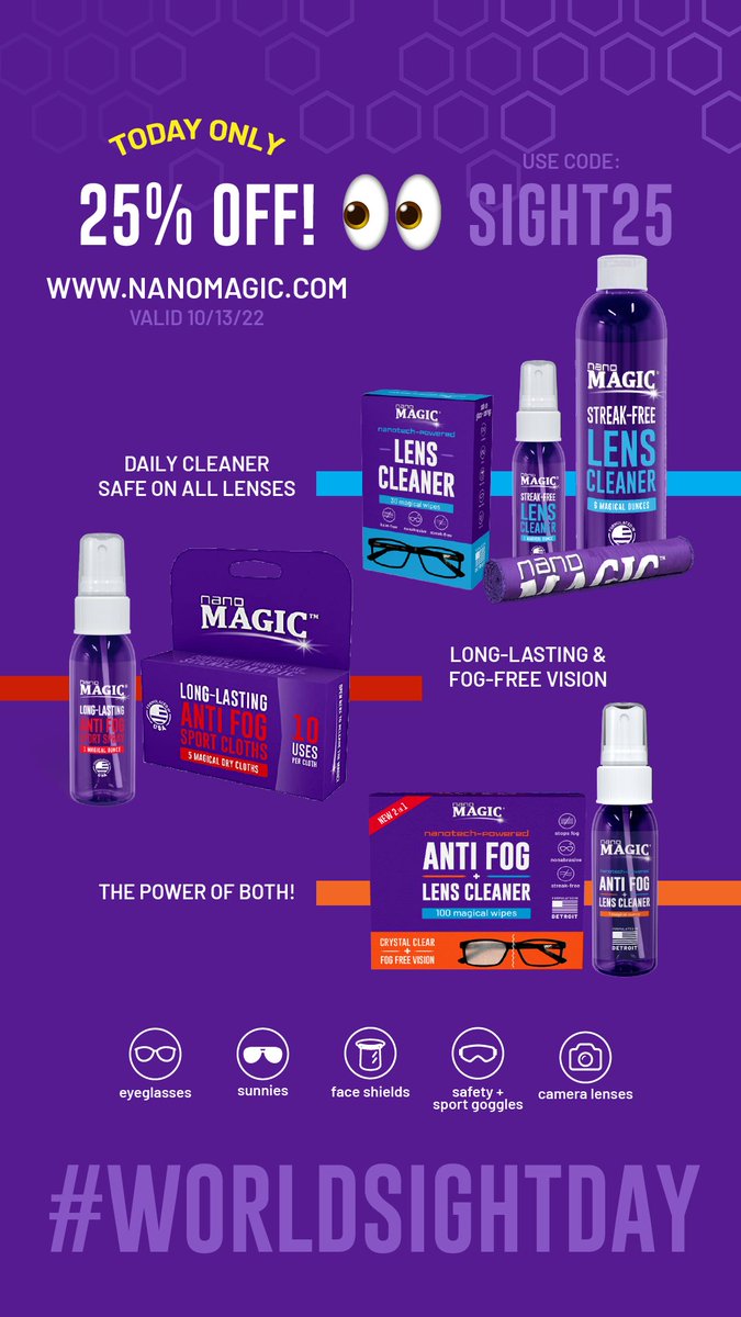 purplenanomagic's tweet photo. Eyes are what connect us to this world and we want to make sure we protect your eyewear to the fullest with a special World Sight Day offer of 25% off our Lens, Anti Fog and 2in1 Anti Fog + Lens Cleaner. Use promo code SIGHT25 at checkout https://t.co/WlmMbIWnXm
#worldsightday https://t.co/PCiDKKUnpM