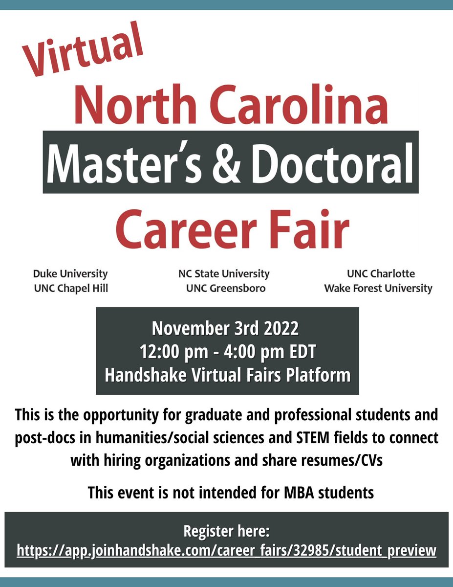 Calling all master's and doctoral students and students interested in pursuing higher degrees of education 
🗣️📢 Register for the upcoming career fair for November 3rd! Information is below