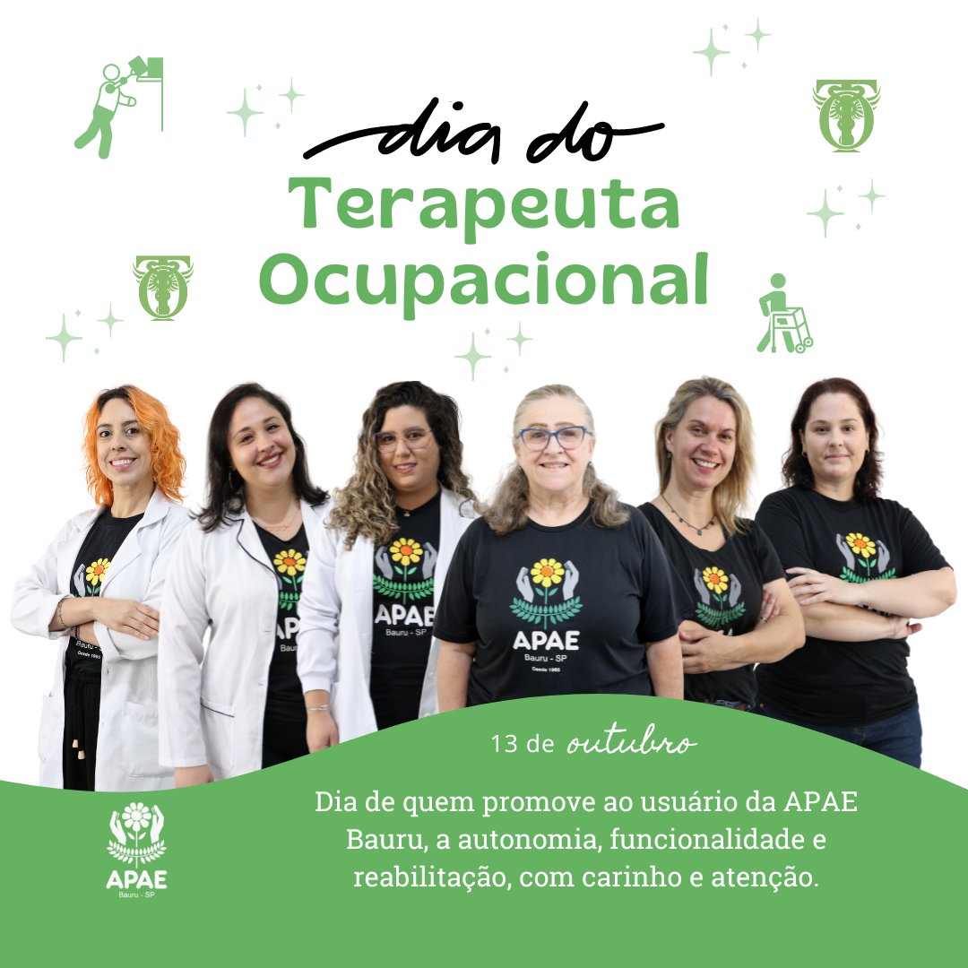 apaebauru's tweet image. 13 de outubro - Dia do Terapeuta Ocupacional! 

Hoje comemoramos o dia de quem trabalha na promoção da autonomia, recuperação da funcionalidade e reabilitação para os usuários da APAE Bauru!

Feliz dia à todos os profissionais!

#apae #bauru #apaebauru #diadaterapiaocupacional