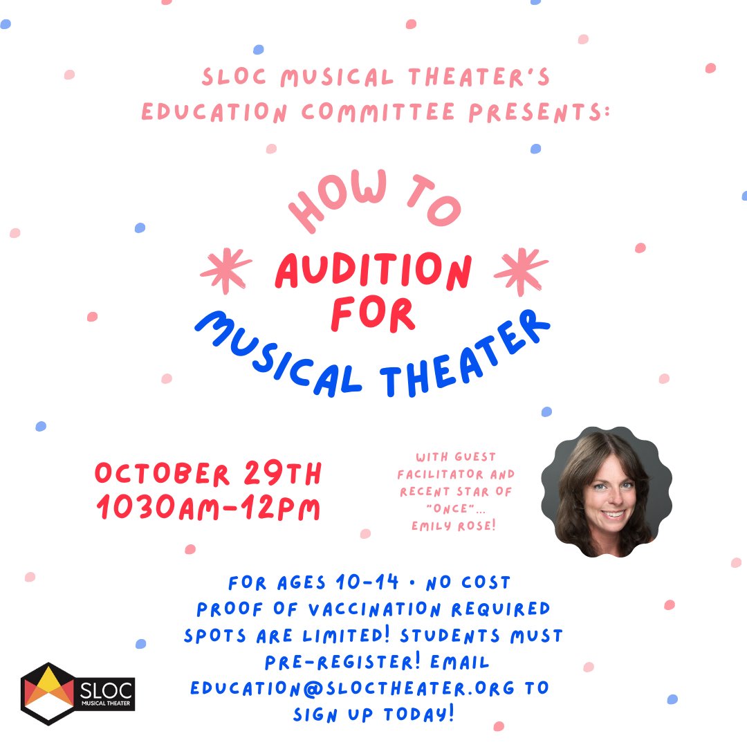 This is sure to be a fantastic workshop with music educator and recent star of "Once" at SLOC, Emily Rose. She has an impressive resume as a worldwide performer and music director. Email education@sloctheater.org with any questions or to secure a spot!