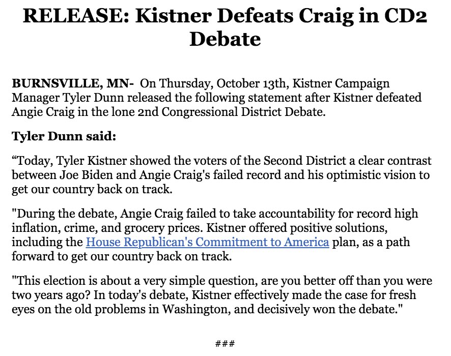 KistnerCongress's tweet photo. Kistner Defeats Craig in CD2 Debate 

"This election is about a very simple question, are you better off than you were two years ago? In today's debate, Kistner effectively made the case for fresh eyes on the old problems in Washington, and decisively won the debate.” #MN02 https://t.co/4w5MXMc6MO