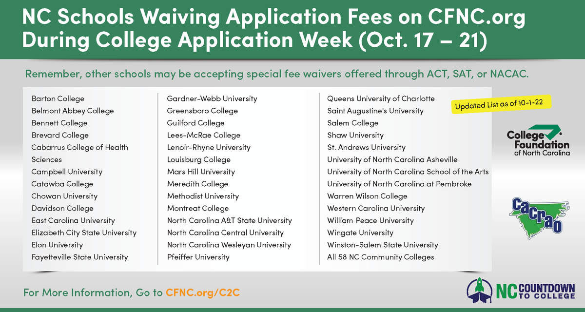 College Application Week is Oct. 17-21. Check out all of the NC colleges and universities that are waiving fees! Be sure to visit the <a href="/CFNC/">CFNC</a> Countdown to College page  to get started with the application process - bit.ly/2QxD8IX #NCCountdowntoCollege