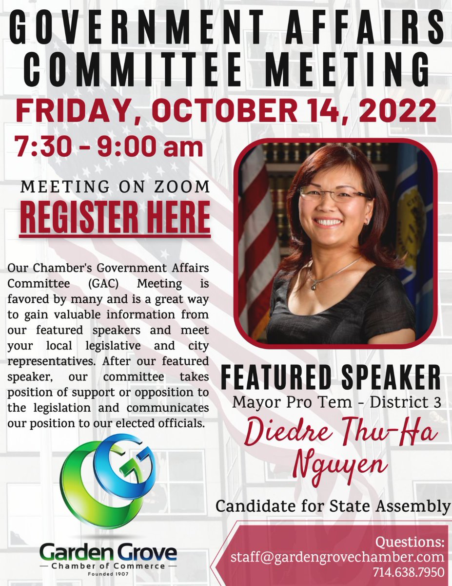 Don't forget to register to tomorrow's GAC Meeting with Mayor Pro Tem Diedre Thu-Ha Nguyen

RSVP here: conta.cc/3Mr8IUR