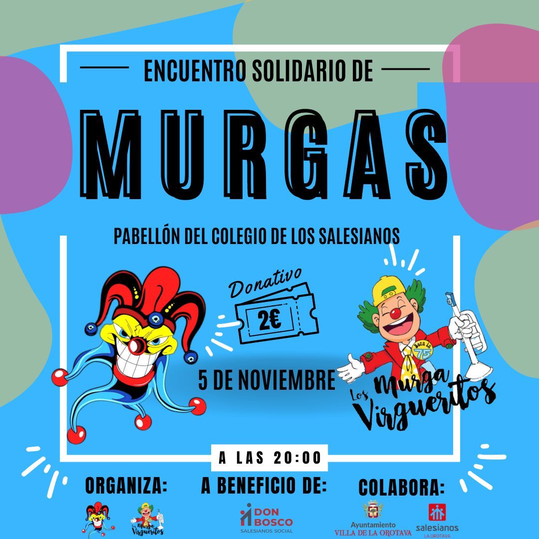 <a href="/MurgaVirguerito/">Murga Virgueritos</a> y <a href="/MurgaTrinkosos/">Murga Los Trinkosos</a> nos hemos unido para trabajar por una buena causa. 

El próximo 5 de noviembre tendrá lugar un encuentro solidario de murgas, en el pabellón del colegio Los Salesianos en La Orotava, a las 20:00 horas.

Sigue ⬇️⬇️
