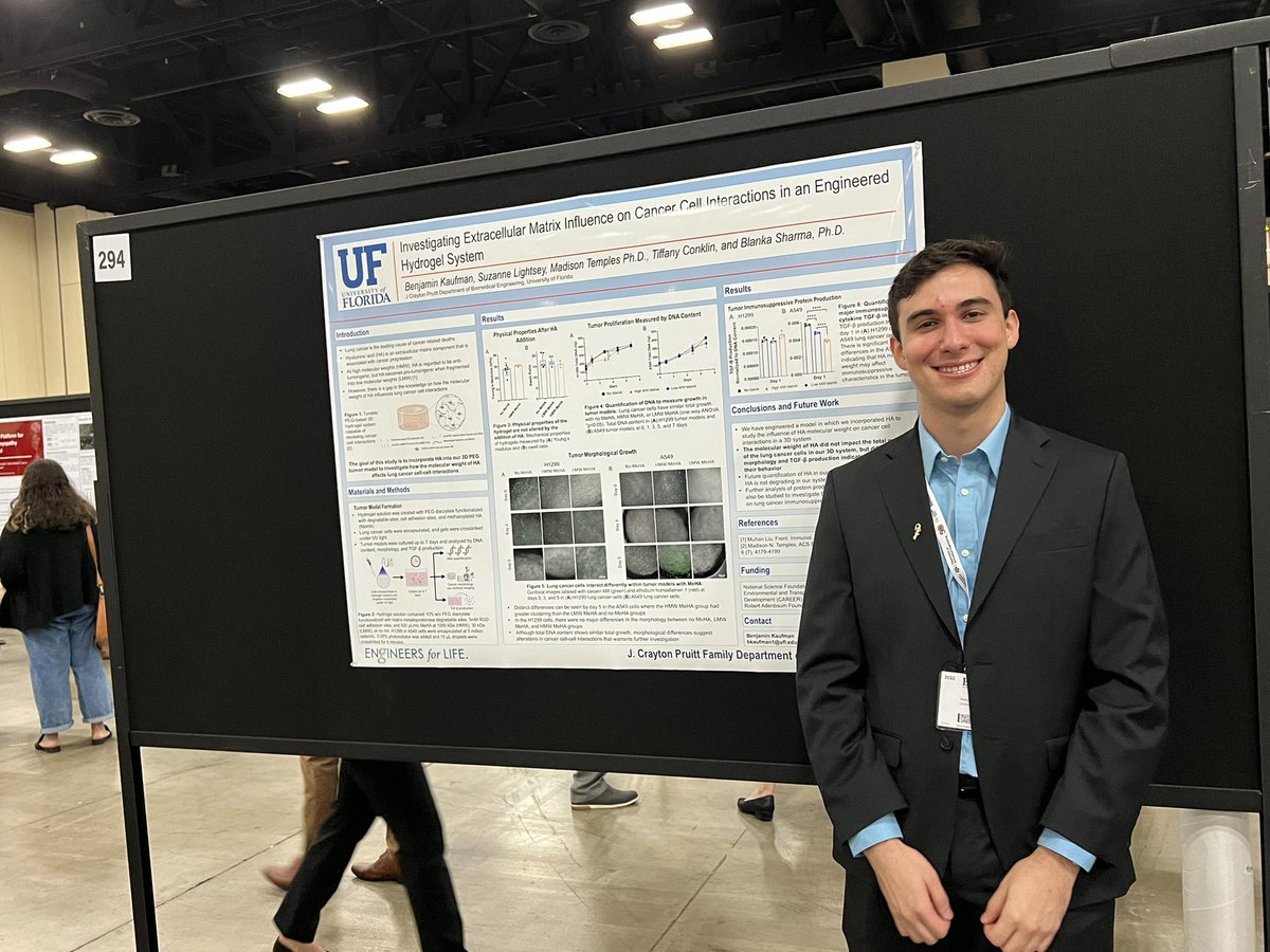 Ben Kaufman from the <a href="/BlankaSharma/">Blanka Sharma</a> Lab is presenting his work evaluating the effect of hyaluronic acid on lung cancer cell interactions in a 3D system to better understand how the extracellular matrix impacts tumor behavior.  #BMES2022