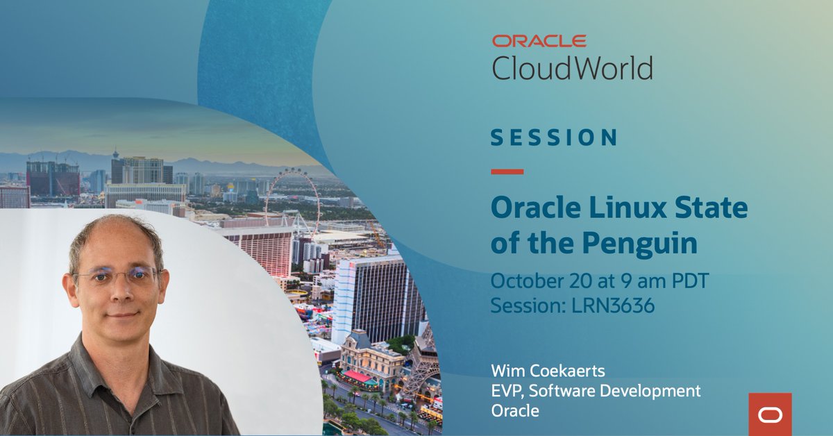 Join the Oracle Linux #StateofthePenguin at Oracle #CloudWorld! 

@WimOracle, Executive VP of Software Development, will explore the work we do as part of the Linux community, our development model, and the Oracle #Linux roadmap. Learn more: social.ora.cl/6011M9q2x