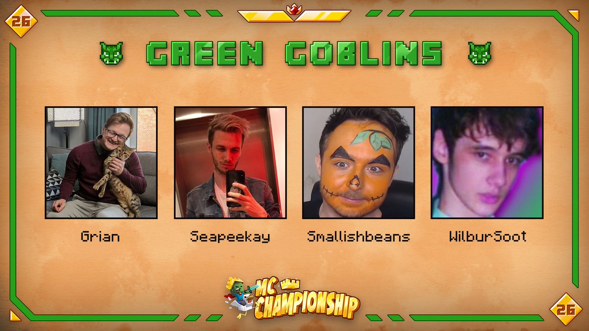 MCChampionship_'s tweet photo. 👑 Announcing team Green Goblins 👑

@GrianMC @Seapeekay @Smallishbeans @WilburSoot

Watch them in MCC on Saturday October 22th at 8pm BST! https://t.co/bU7Jn7Qnq8