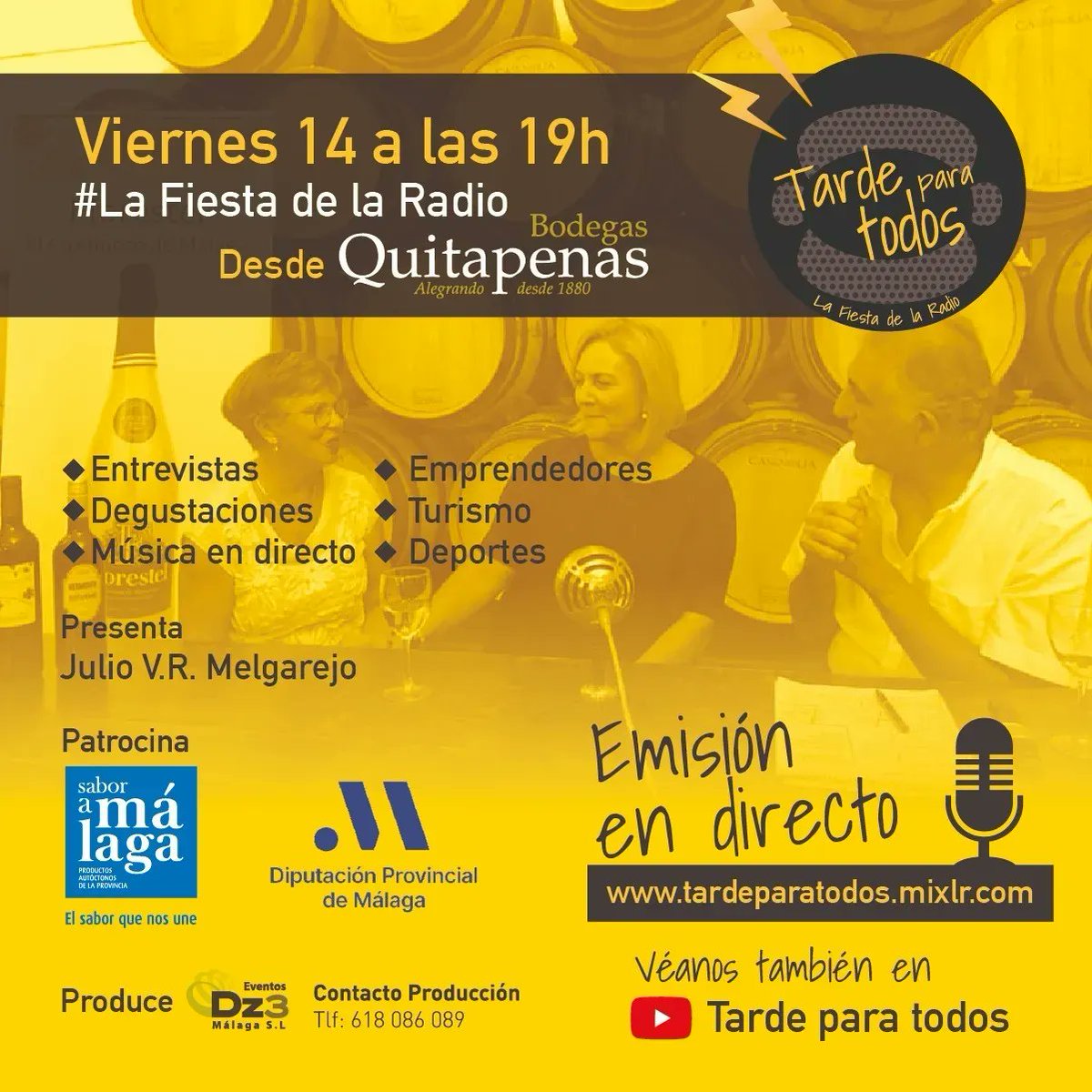 Mañana <a href="/tardeparatodos/">Tarde para Todos</a> de @jvrmelgarejo se traslada a <a href="/bquitapenas/">Bodegas Quitapenas</a>, donde <a href="/AguaLeonor/">leonor garcia-agua</a>, directora de <a href="/SaboraMalaga/">Sabor a Málaga</a>, hablará sobre el presente y el futuro de la marca de la <a href="/diputacionMLG/">Diputación de Málaga</a>. Además habrá entrevistas, degustaciones, música en directo 📻