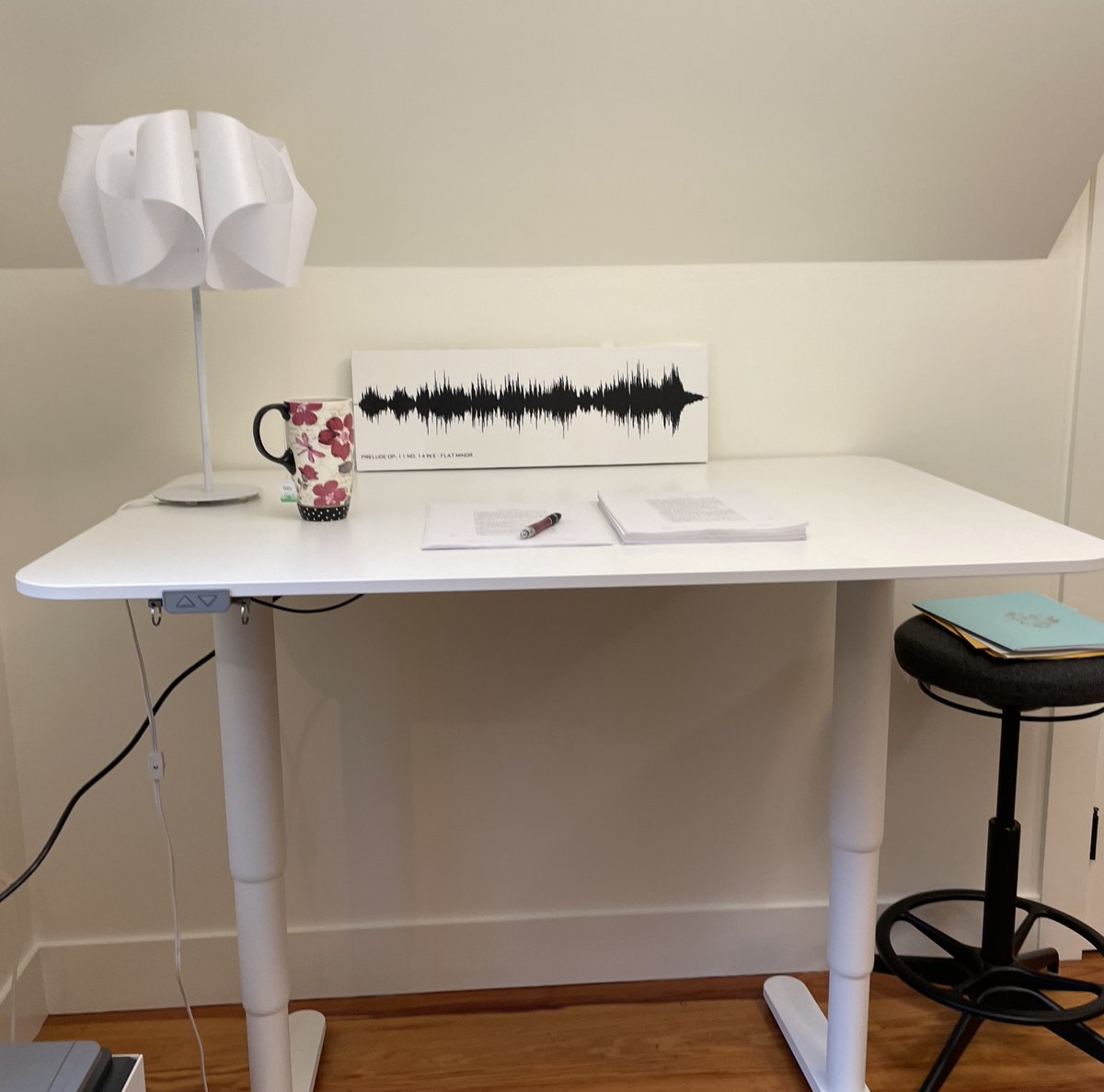Thanks to wonderful friends, I now have a fabulous standing desk! 

And I've topped it with this picture that captures the frequencies of musical notes from a sonata featured in @chriscander's wonderful novel, The Weight of a Piano. 

#inspired #amwriting