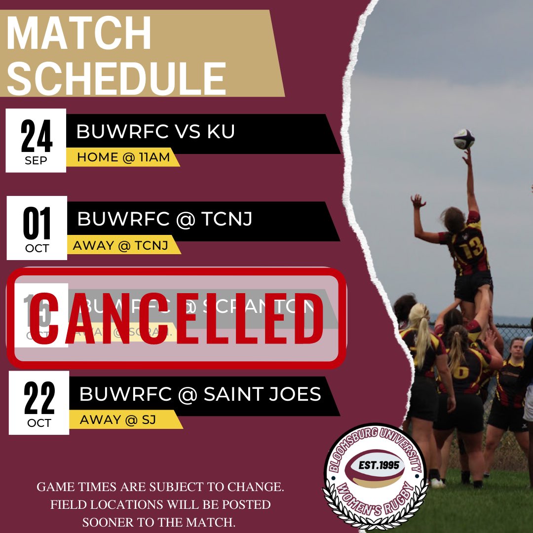 BloomRugby's tweet photo. MATCH CANCELLATION!!
-
This weekends match has been cancelled. As always we appreciate your support of BUWRFC! Look out for season updates here! https://t.co/dN7bibMuPM