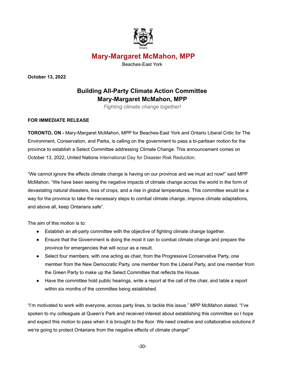 marymargaretbey's tweet photo. Please see my news release for my proposed all-party climate action committee. This is a disaster-in-waiting and we must act now! #ONpoli #ONenviro https://t.co/dLTB2wXaAA