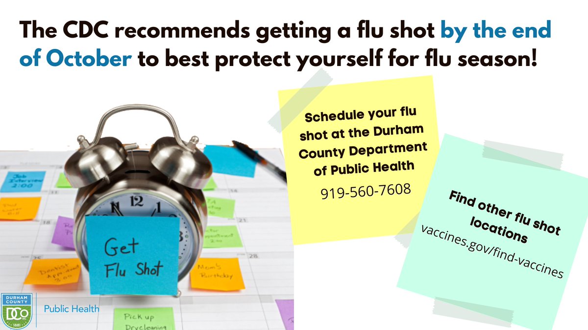 The time for your flu shot is now! The CDC recommends vaccination by the end of October to best protect yourself for flu season. Call us at 919-560-7608 to schedule your appointment, or find another vaccination location near you: vaccines.gov/find-vaccines