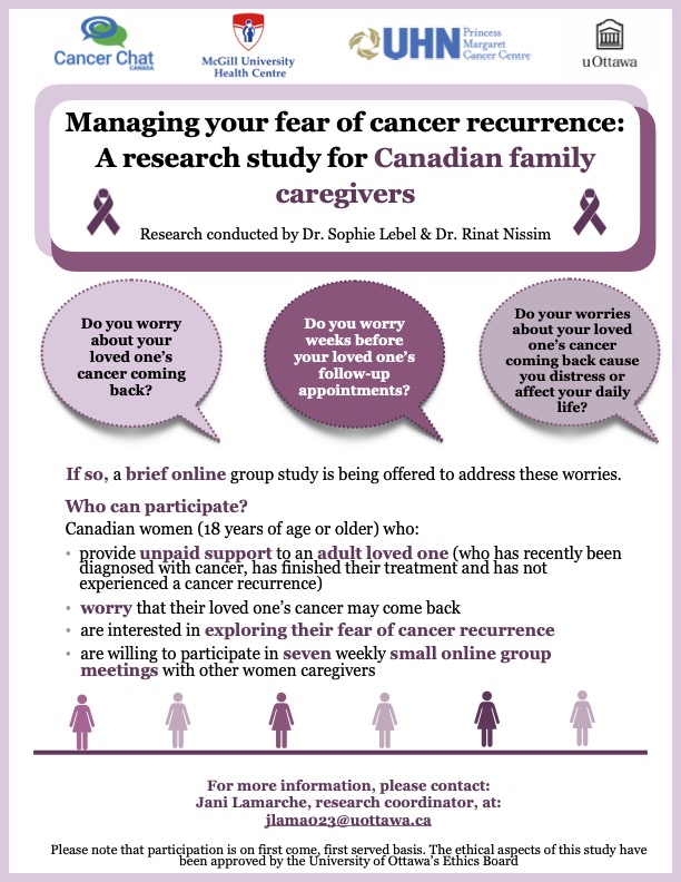Are you a #caregiver taking care of an adult #cancer survivor and are you worried about their cancer coming back? Participate in the first online intervention to address #FearofRecurrence in caregivers. First group starting soon.