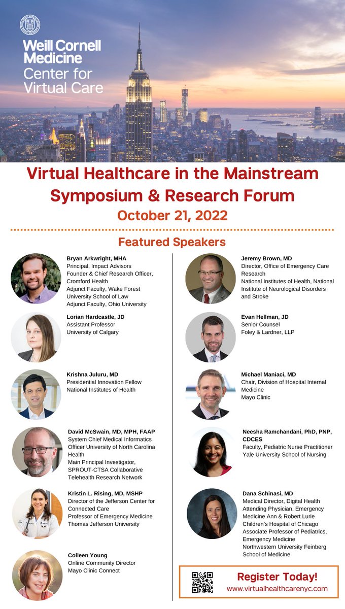 We are one week away from the 5th annual Virtual Healthcare in the Mainstream Symposium &amp; Research Forum, hosted by <a href="/WCMVirtualCare/">Weill Cornell Medicine Center for Virtual Care</a>. We have an incredible line-up of speakers from leading healthcare institutions. Register today: bit.ly/3OpuSqv.