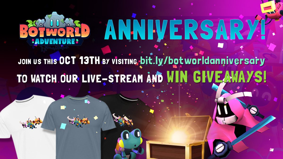 We are now live at youtu.be/rcIhtahMdDk to celebrate the #BotworldAdventure Anniversary. Join us as we discuss the game, reveal something exciting about the next update, &amp; to win Gems &amp; Merch! #Botworld #MobileGames #rpg #rpggame #rpggames #openworldgames #BotworldAnniversary