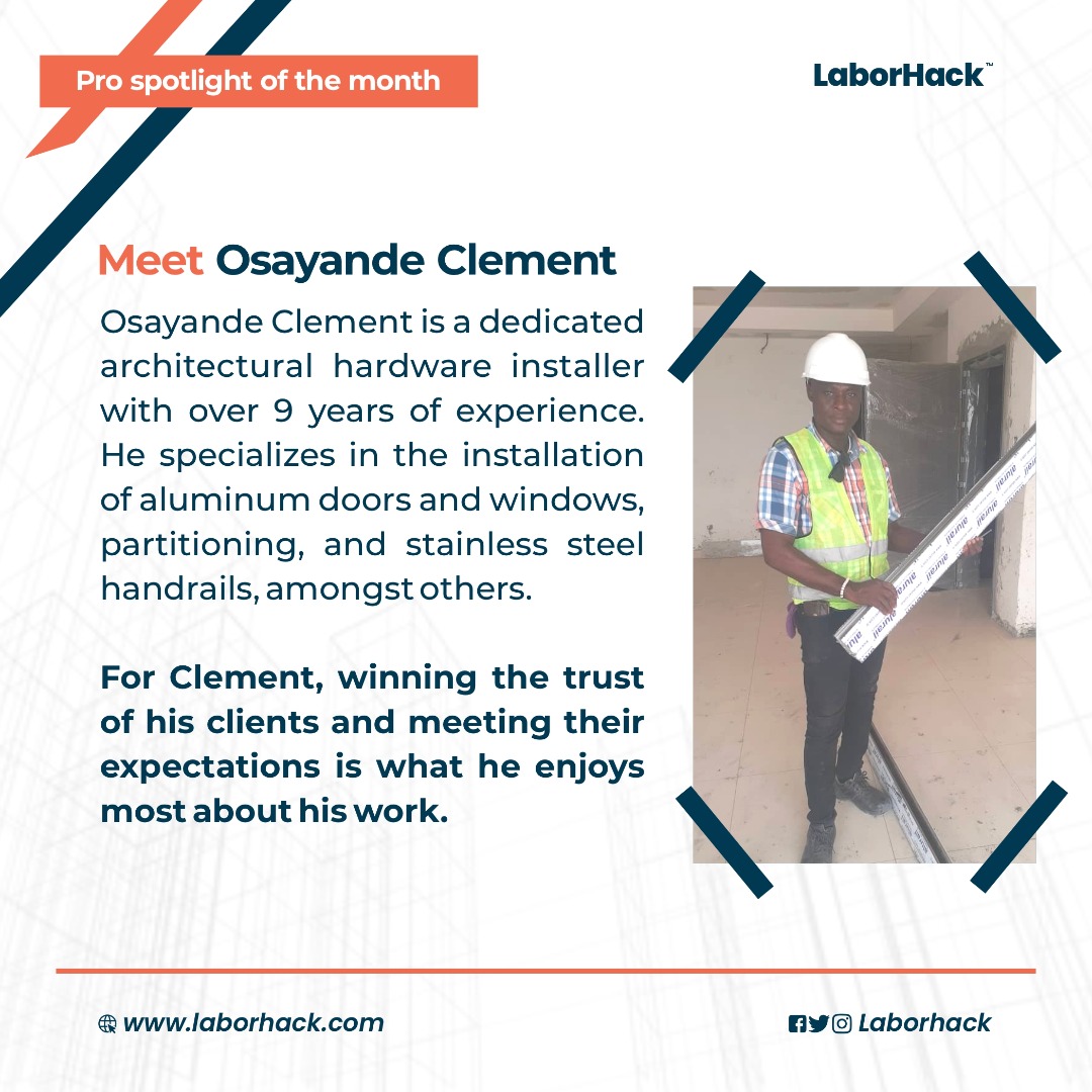 Laborhack_ng's tweet photo. Meet Clement, one of LaborHack's aluminium fabricators.
Visit https://t.co/Nwpua45e8E to hire a LaborHack Pro for your maintenance needs.
#laborhack
#laborhackpro
#artisanempowerment
#hireapronigeria https://t.co/ydGSz47Cxq