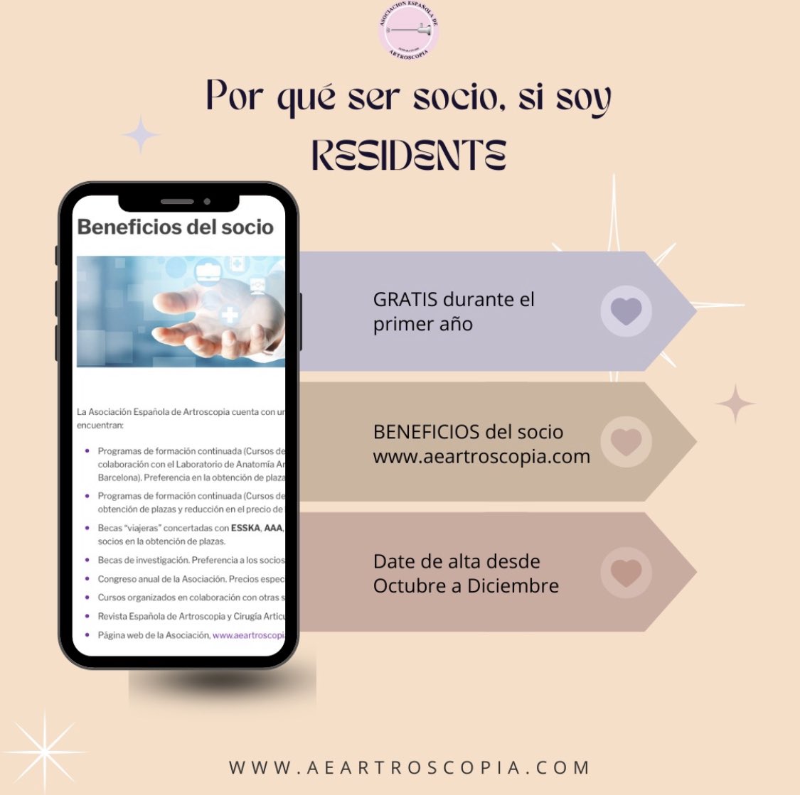 🟣HAZTE SOCIO AEA🟣

▪️Si eres residente:

✅‼️‼️Gratis primer año‼️‼️
✅Disfruta de las becas
✅Precios especiales para Cursos y congresos.
✅Disfruta del programa de formación anual