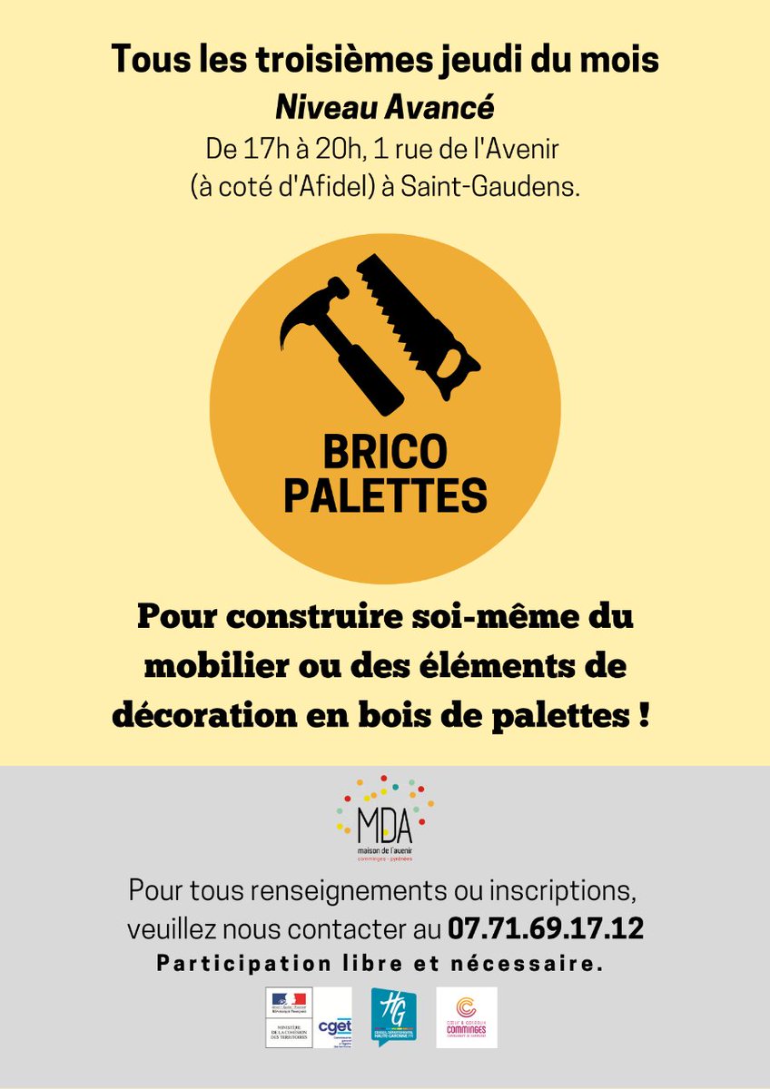 👀 Le deuxième atelier #bricopalette, c’est jeudi prochain, le 20/10 à 17h. 🔨🪚🪛
⚠️ Attention cet atelier est réservé aux participants avec un niveau #avancé !
➡️ Plus d'informations et inscription au 07 71 69 17 12.