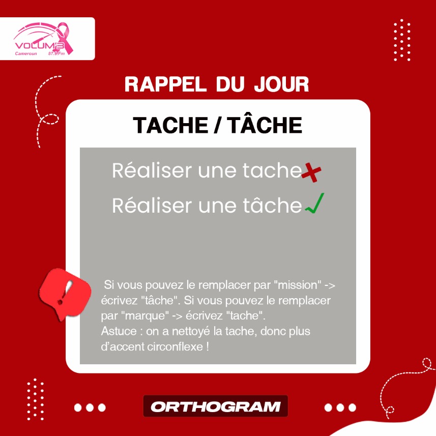Volum3Radio's tweet photo. Hello les volumiques 
« Tache » et « tâche » ne se prononcent pas exactement de la même façon. L'utilisation de l’accent circonflexe varie en fonction du contexte dans lequel on se trouve
le savais-tu ?

#orthogram
#volum3 https://t.co/XSNBq8AZZ7