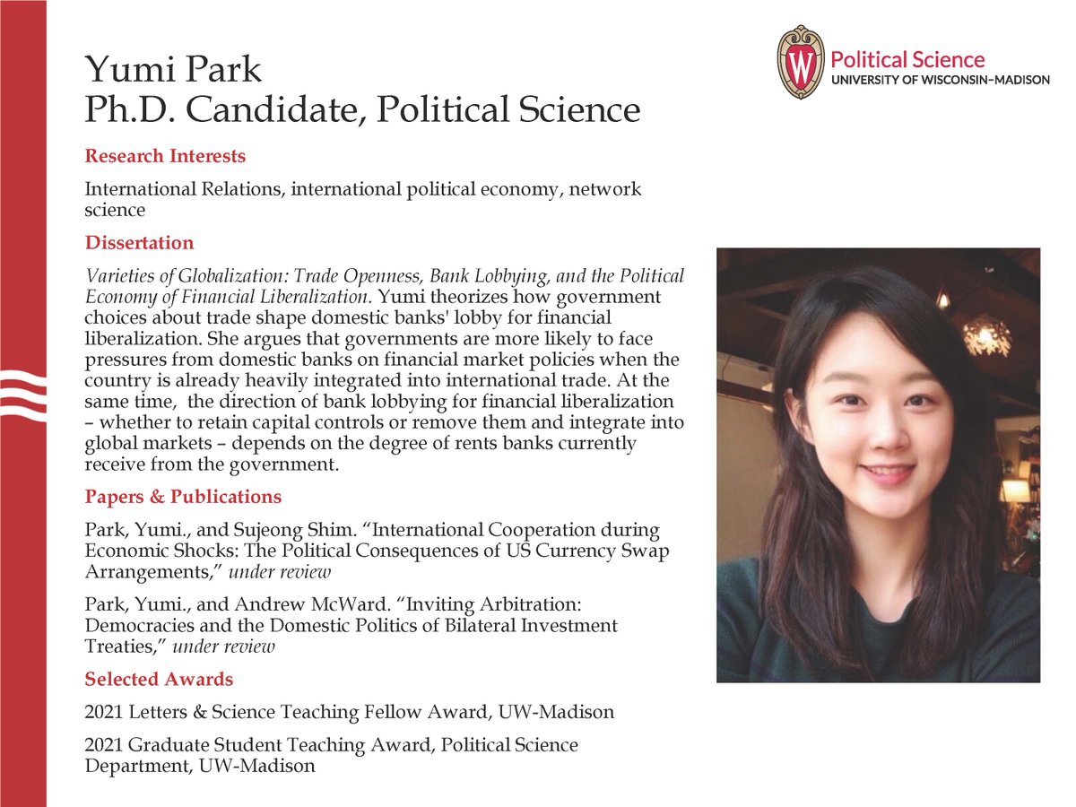 Today our featured graduate student on the job market is Ph.D. candidate Yumi Park! Yumi's research specializes in the politics of international monetary and financial relations. polisci.wisc.edu/staff/yumi-par…