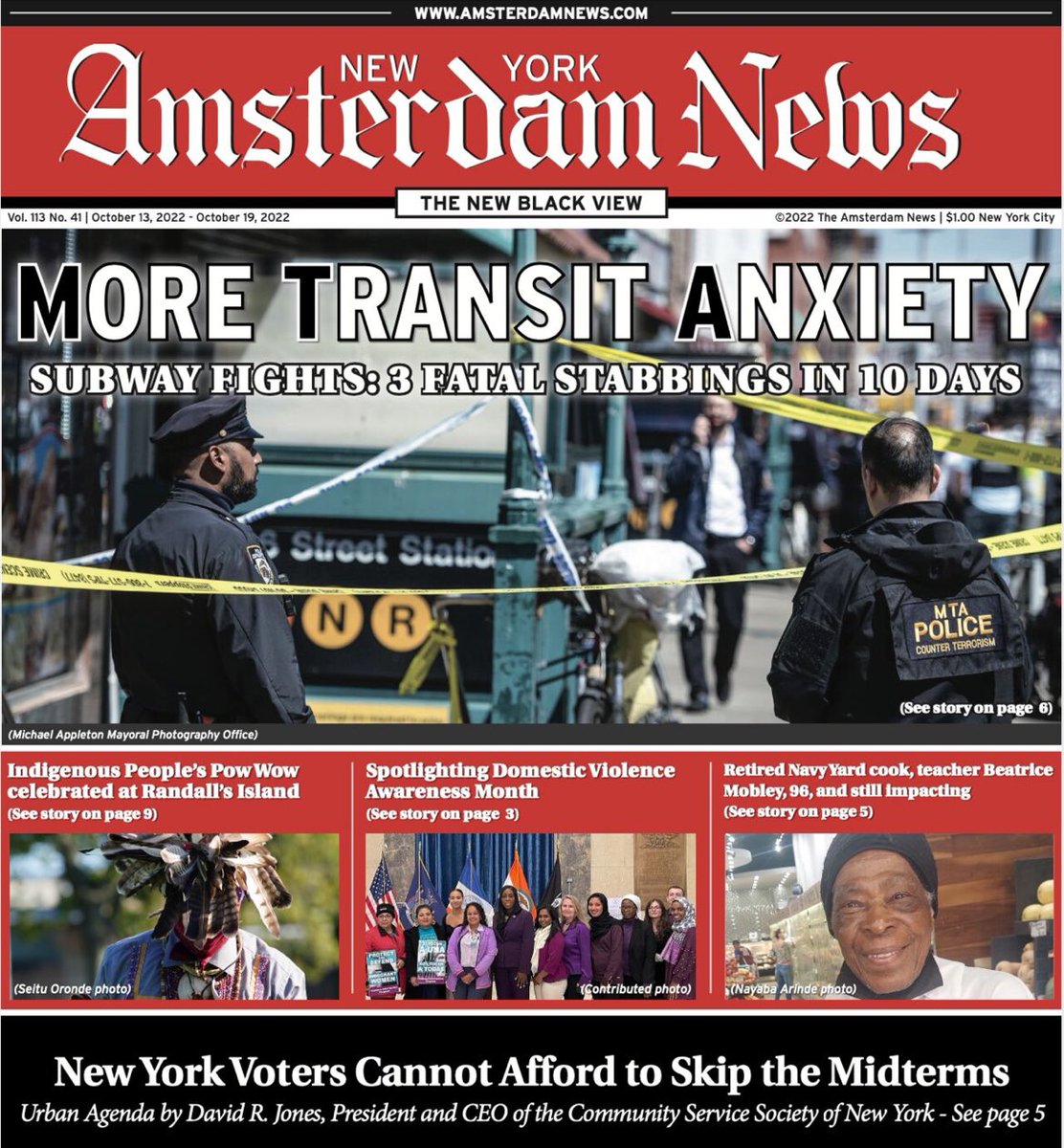 For this week’s <a href="/NYAmNews/">New York Amsterdam News</a> cover, I reported on the trio of fatal mass transit stabbings over a ten day span. 

Via <a href="/Report4America/">Report for America</a> and available at local newsstands.

Story: bit.ly/3EALEBf