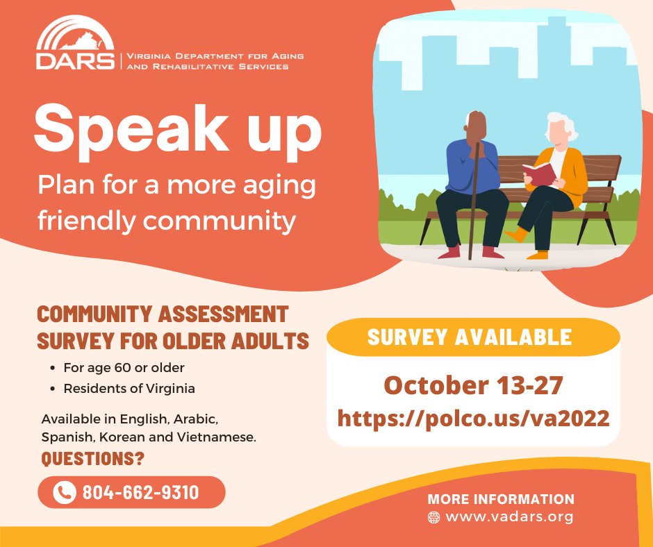 AARPVa's tweet photo. You know best what life is like in Virginia as an older adult. Virginia wants to hear from you! Your feedback will help Virginia make important plans for aging services. https://t.co/2GQkYNcPH2
#CASOA #aginginplace #aging #caregiving #familycaregiver #agingparents #dementia https://t.co/fWLjvJtntU