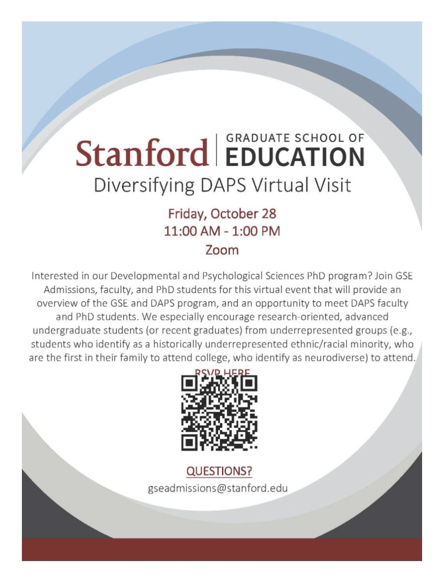 Join us @StanfordEd for Diversifying Developmental and Psychological Sciences Virtual Visit this month! applygrad.stanford.edu/register/gse-d…
