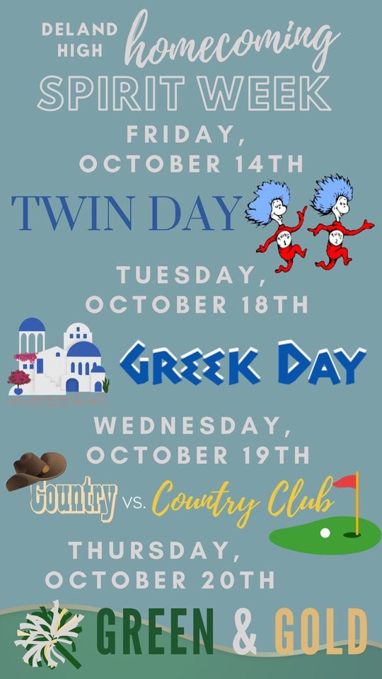 Spirit week kicks off this Friday with Twin Day. Dress up days continue next week! <a href="/delandbulldogs/">DeLand High Bulldogs</a>