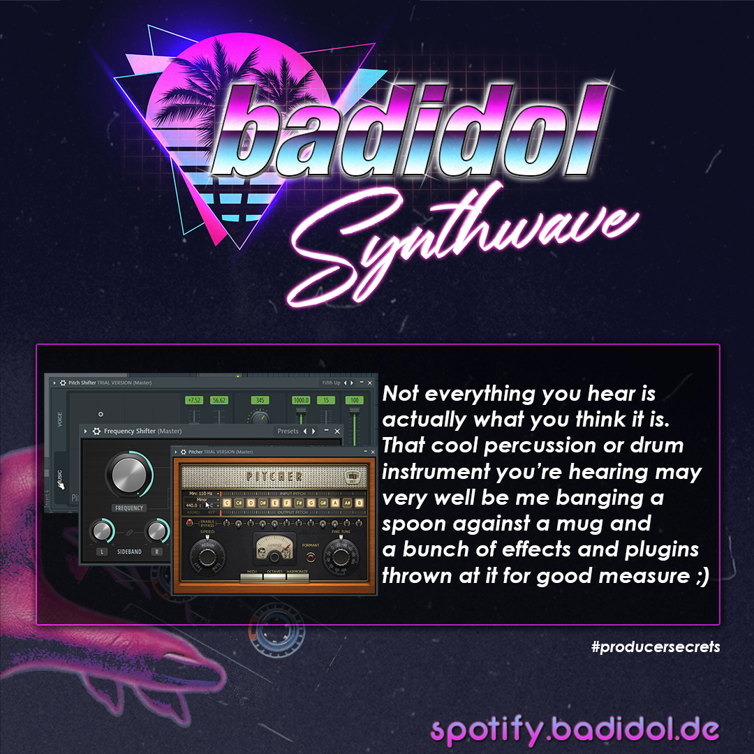 badidol's tweet photo. That cool percussion sound you're hearing? There's a good chance it's just me banging on a mug and a good bunch of effects, pitch shifts and reverb :)
#producersecrets #samples https://t.co/CifyKh09sZ