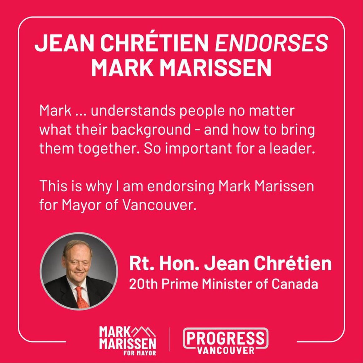 Two great former PM’s endorsing Marissen for Mayor. Why vote for a Conservative or a New Democrat when you can vote for a Liberal??