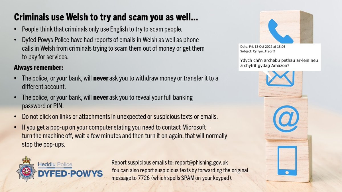 ❗ FRAUD WARNING | You might be surprised to learn that criminals use Welsh to try and scam you also...   

Don't let them scam you because the correspondence is in Welsh!  

Please share this important message with family and friends to protect as many people as possible.