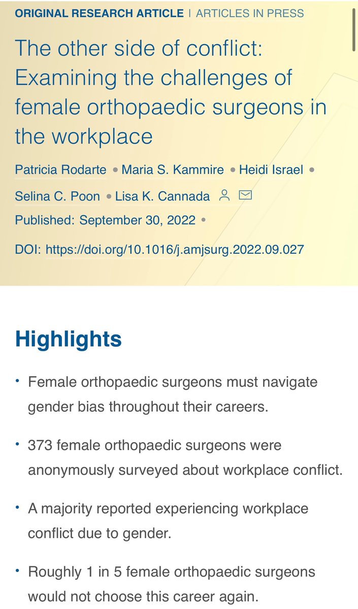 I’m finally a published author!! Our article on women orthopaedic surgeons’ workplace conflict is online <a href="/AmJSurgery/">AmJSurgery</a>! I hope this research raises awareness &amp; ultimately contributes to change in culture in the near future. #orthotwitter #womenorthopaedics

americanjournalofsurgery.com/article/S0002-…
